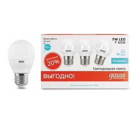 Лампа Gauss LED Elementary Globe 7W E27 4100K 1/40 3 лампы в упаковке SQ53227T 