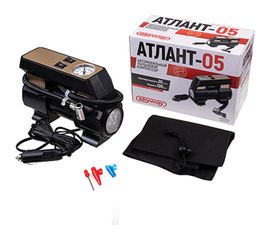 Компрессор SKYWAY АТЛАНТ-05 пластиковый, 20 л/мин, в прикуриватель, 3 вида насадок, 7 атм, с фонарем S02002005 