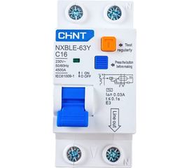 Дифференциальный автоматический выключатель CHINT, NXBLE-63Y, 1P+N, 16А, 30mA, электронный тип AС, характеристика С, 4.5kA 105542 