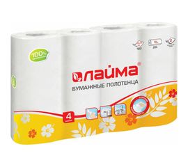Бумажные бытовые полотенца ЛАЙМА спайка 4 шт., 2-х слойные 22х23 см, белые, 128725 