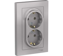 Двухместная розетка Schneider Electric ATLAS DESIGN с заземлением 16А в сборе алюминий ATN000324 
