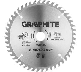 Диск пильный по дереву (160x20 мм; 48T; кольцо 16 мм; зуб 15 градусов ATB) Graphite 55H685 