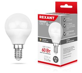 Светодиодная лампа REXANT, шарик, 7,5 Вт, E14, 713 лм, 2700 K, теплый свет 604-031 