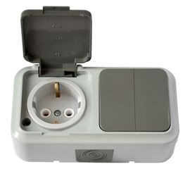 Блок Bylectrica 2 выключателя + розетка с заземляющим контактом ОУ IP54, серия ПРАЛЕСКА АКВА, серый, 2В-РЦ-659 03 