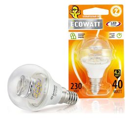 Светодиодная лампа ECOWATT P45, 4.2(40)W, 2700K, E14, CL 300, миньон, теплый белый свет, шарик, прозрачный 4606400419396 