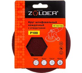 Круги шлифовальные наждачные на липучке (10 шт; 125 мм; P100; 8 отверстий) ZOLDER Z-108-1008 