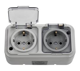 Розетка Bylectrica 2-местная ОУ с заз.конт. IP54, с прозрачной крышкой, серия ПРАЛЕСКА АКВА, серый, РА16-303 (02) 