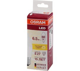 Светодиодная лампа OSRAM LED STAR, B, свеча, 6.5Вт, E27, 550 Лм, 3000 К, теплый белый свет 4058075134232 