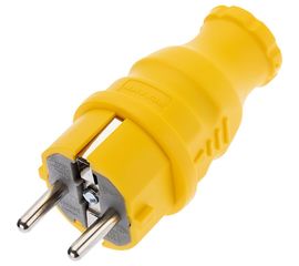 Прямая влагозащищенная вилка REXANT с заземлением 16А. IP44, каучук желтая 111-014 