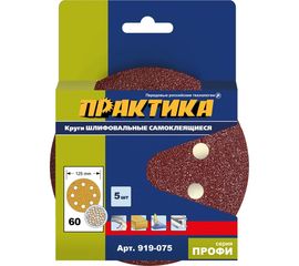 Круг шлифовальный (5 шт; 125 мм; 8 отверстий; P 60) ПРАКТИКА 919-075 