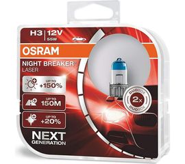 Автолампа, 2шт. OSRAM H3 55 PK22s+150% NIGHT LASER 3400K 12V, 1,10 64151NL-HCB 
