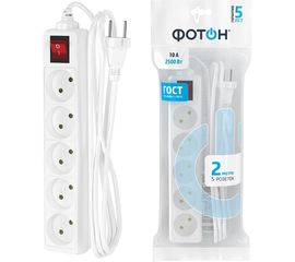 Сетевой удлинитель ФОТОН 10-25S, 2м, 5 розеток, 10А, Белый 21117 