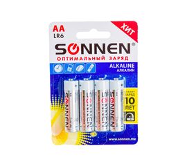 Батарейки SONNEN Alkaline, АА алкалиновые, 4 шт., в блистере, 451085 