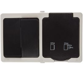 Блок STEKKER: розетка одноместная с заземляющим контактом открытой установки, двухклавишный выключатель 250В, 16А 32761 