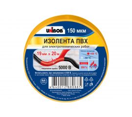 Изолента ПВХ UNIBOB 19 мм х 20 м, желтая, 150 мкм 211752 