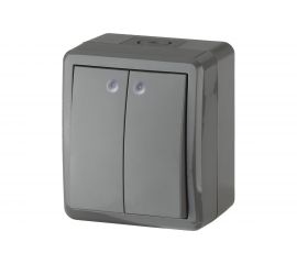 Двойной выключатель с подсветкой ЭРА 11-1405-03 IP54, 10АХ-250В, ОУ, Эксперт, серый Б0020678 