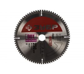 Диск пильный по алюминию, ламинату, пластику, ДСП МАСТЕР Точный-МУЛЬТИ рез (250х30 мм; 80Т) Зубр 36916-250-30-80 