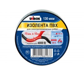 Изолента ПВХ UNIBOB 15 мм х 10 м, черная, 130 мкм 211767 
