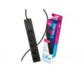 Сетевой фильтр КОСМОС 1,8м 5 гнезд, пвс 3x0,75мм2, черный 2 USB FKsm1.8m-5g(B)USB 