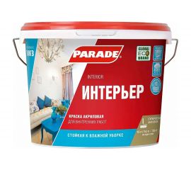 Краска акриловая PARADE W3 Интерьер белая матовая 10 л Россия 90002002325 