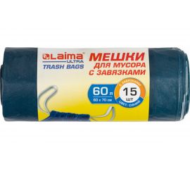 Мешки для мусора сини�� с завязками особо прочные LAIMA ULTRA (15 шт; 60x70 см; 60 л; 30 мкм; ПСД) ЛАЙМА 607696 