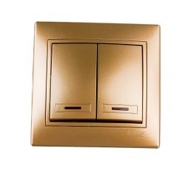 Выключатель Lezard, MIRA, двойной, с подсветкой, золотой металлик, со вставкой, 701-1313-112 