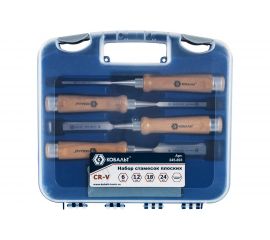 Набор плоских стамесок: 6, 12, 18, 24мм, длина 140мм, CR-V, деревянные рукоятки, точильный камень, 4шт, кейс КОБАЛЬТ 245-893 