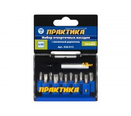 Набор бит (12 шт; PH; PZ; SL; Torx; 25 мм + магнитный держатель) ПРАКТИКА 036-513 