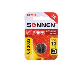 Батарейка SONNEN Lithium, CR2032, литиевая, 1 шт., в блистере, 451974 