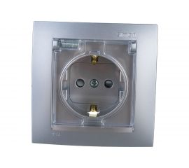 Розетка Simon с заземлением, Schuko, со шторками, с крышкой, IP44, 16А, 250В, алюминий 1590450-033 
