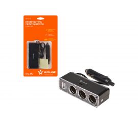 Прикуриватель-разветвитель на 3 гнезда + USB черный Airline ASP-3U-07 