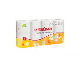 Туалетная бытовая бумага ЛАЙМА спайка 8 шт., 2-х слойная белая, 126905 