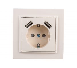 1-местная розетка EKF Минск СП 16А с заземлением, с защитными шторками, с 2 USB 2.1А, бежевая SQERR16-028-200-2USB 