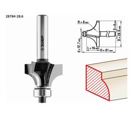 Фреза кромочная калевочная №1 ПРОФЕССИОНАЛ (28.6х16х61 мм; R8 мм; хвостовик 8 мм) Зубр 28784-28.6 