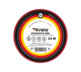 Изолента ПВХ KRANZ 19 мм х 25 м, 0.13 мм, красная KR-09-2204 