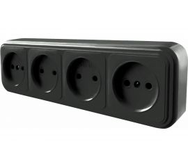 4-местная розетка STEKKER без заземления PST16-60-20 RA 16-464-Ч, пластик АВС, 16А, IP20, черный 39702 