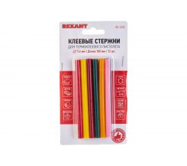 Клеевые стержни d=7,4 мм, L=100 мм, цветные, 12 шт. блистер Rexant 09-1020 