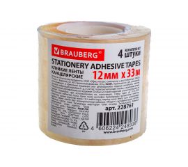 Клейкие ленты BRAUBERG 12 мм х 33 м, канцелярские, комплект 4 шт., прозрачные 228761 