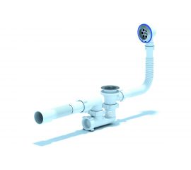 Сифон для ванны АНИ Пласт регулируемый, пробка на цепочке, 1 1/2 дюйма x 40 гофра, 40х50 мм, нержавеющая сетка E255 025-0277 