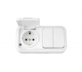 Блок Bylectrica 2 выключателя + розетка с заземляющим контактом ОУ IP54, серия ПРАЛЕСКА АКВА, белый, 2В-РЦ-659 