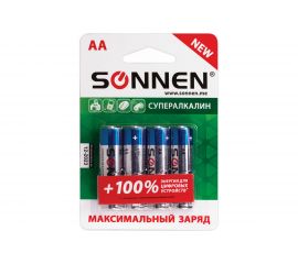 Батарейки SONNEN Super Alkaline, АА алкалиновые, 4 шт., в блистере, 451094 