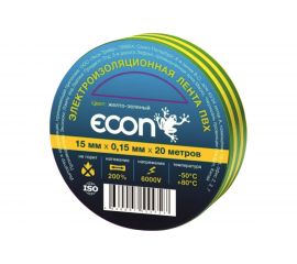 Изолента Econ 15 мм х 20 м, 0,15 мм, желто-зеленый 15201505 