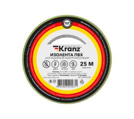Изолента ПВХ KRANZ 15 мм х 25 м, 0.13 мм, желто-зеленая KR-09-2107 