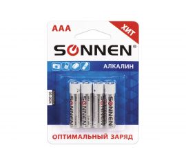 Батарейки SONNEN Alkaline, AAA алкалиновые, 4 шт., в блистере, 451088 