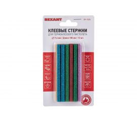 Клеевые стержни (d=7,4 мм, L=100 мм, цветные с блестками, 12 шт.) Rexant 09-1025 