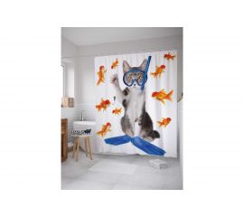 Штора (занавеска) для ванной JoyArty ""Кот водолаз"" из сатена, 180х200 см с крючками, sc_9632 