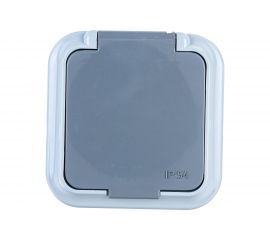 Розетка Bylectrica 1-местная, открытая установка, с заземляющим контактом, со шторкой IP54, серия ПРАЛЕСКА АКВА, серый, РА16-097 03 