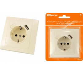 Розетка TDM 2П+З с защитными шторками, 16А 250В + USB порт 2,1А 5В слоновая кость Таймыр SQ1814-0140 