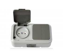 Блок Bylectrica 2 выключателя + розетка ОУ IP54, серия ПРАЛЕСКА АКВА, серый, 2В-РЦ-655 03 