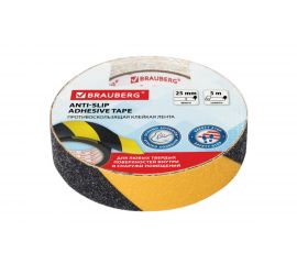 Клейкая противоскользящая лента BRAUBERG 25 мм х 5 м, черно-желтая, зернистая, основа ПВХ 606773 